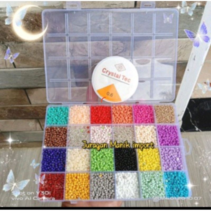 JM Discon Shopee - 24 Warna 1 BOX Sekat Manik Bonus Tali Elastis 1 Box Manik Ukuran 3mm+Tali