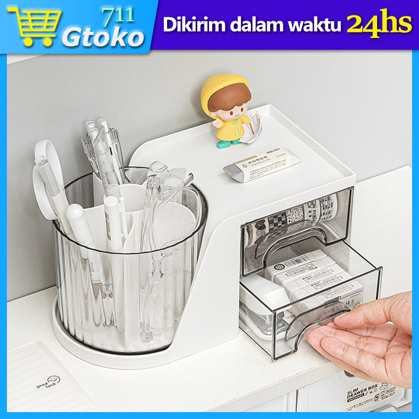 

Rak Tempat Penyimpanan Alat Tulis Pensil Kosmetik Putar Meja Laci Desktop Organizer Storage Box