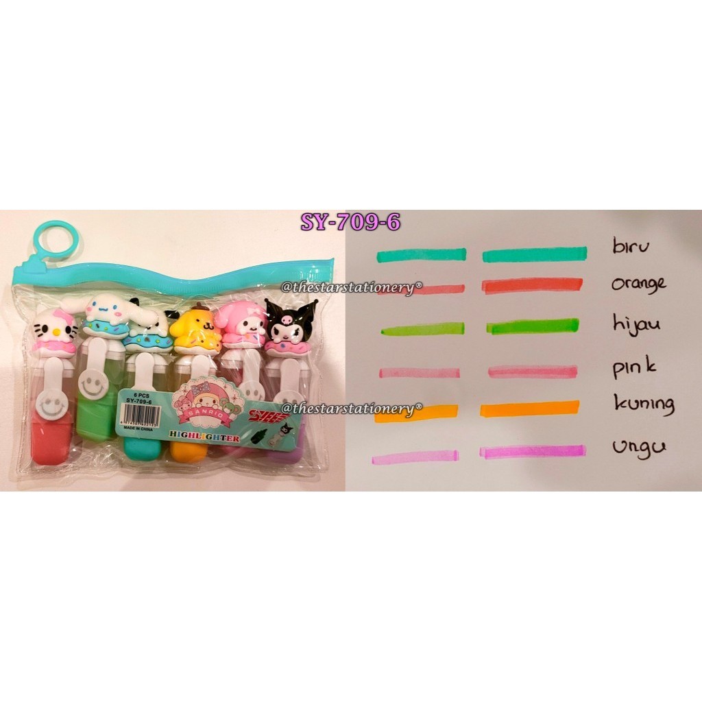

(1 Set Isi 6 Pcs) GROSIR Highlighter Kepala Sanrio SY-709-6 / Highlighter Mini Sanrio SY-709-6