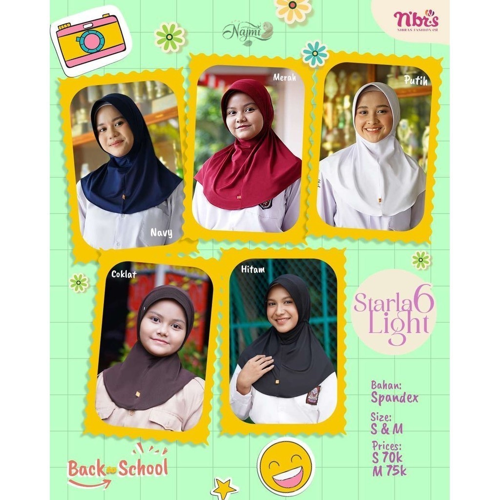 Koleksi Najmi / Nibras Starla Light 6 / Hijab Instant Bergo Anak Remaja Bahan Spandek Premium Polos 