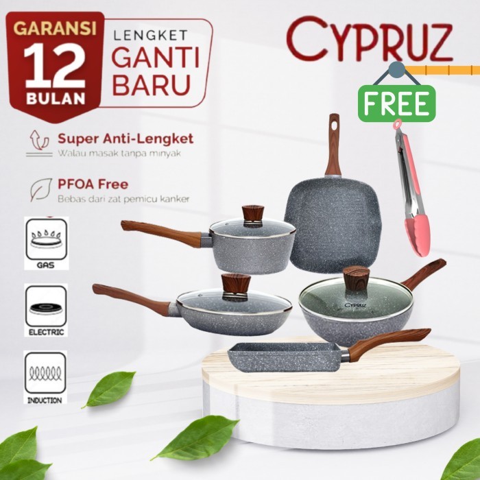 Cypruz Fry Wok Sauce Grill Pan Induksi Cookware Teflon Cyprus Grey Marble Set 5 pcs