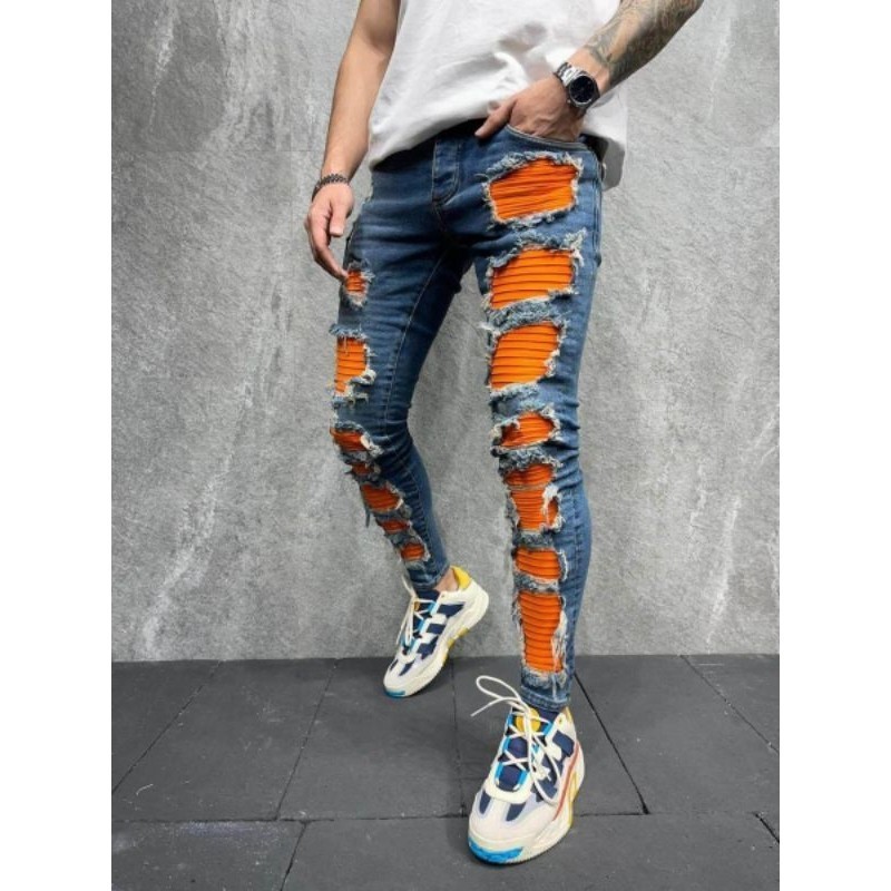 celana jeans pria sobek tambal orange biker