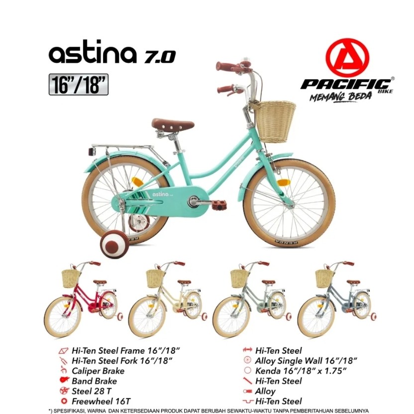 [FREE POMPA] Sepeda Anak Perempuan PACIFIC ASTINA 7.0 Ukuran 16 18 Inch Usia 4-8 Tahun Keranjang Kua