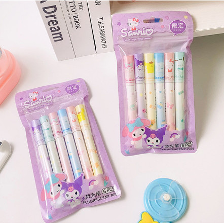 

1 Set Highlighter Sanrio Isi 6 Pcs Penanda Buku Set Warna Warni