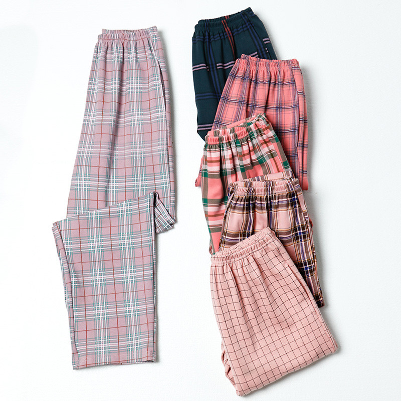 Plaid Print Sleep Bottom Women Cotton Long Pants Home Pajamas Soft Spring Pants Elastic Waist Big Ya