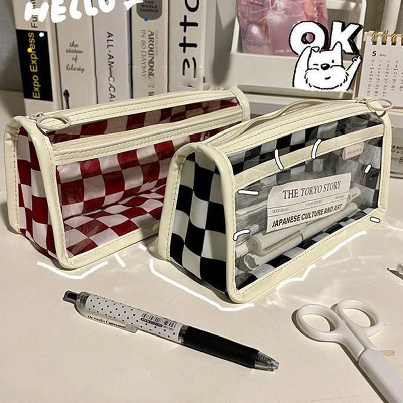 

Portable Waterproof Large Capacity Double Layer Pencil Case Simple Transparent Checkerboard Pencil Bag Student Stationery