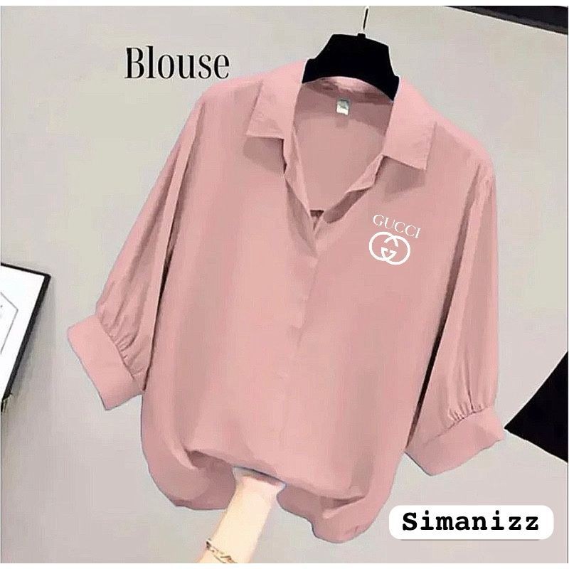 GUCCI - Blouse Wanita Leher V Logo Samping / Kemeja Wanita V Korean Style / Baju Wanita Lengan Balon