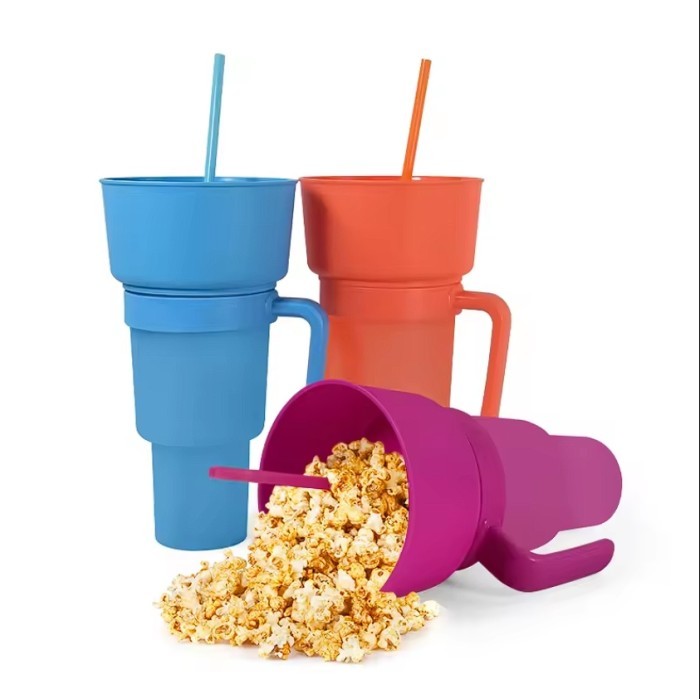 Gelas Mangkok Mug Cangkir Sedotan Set Plastik Minum Snack Cemilan Popcorn Cup Movies Travel Portable Stadium Tumbler Tumblr Cup dengan Wadah Makanan 2IN1  Mug With Drink Cup 1000ML 32Oz
