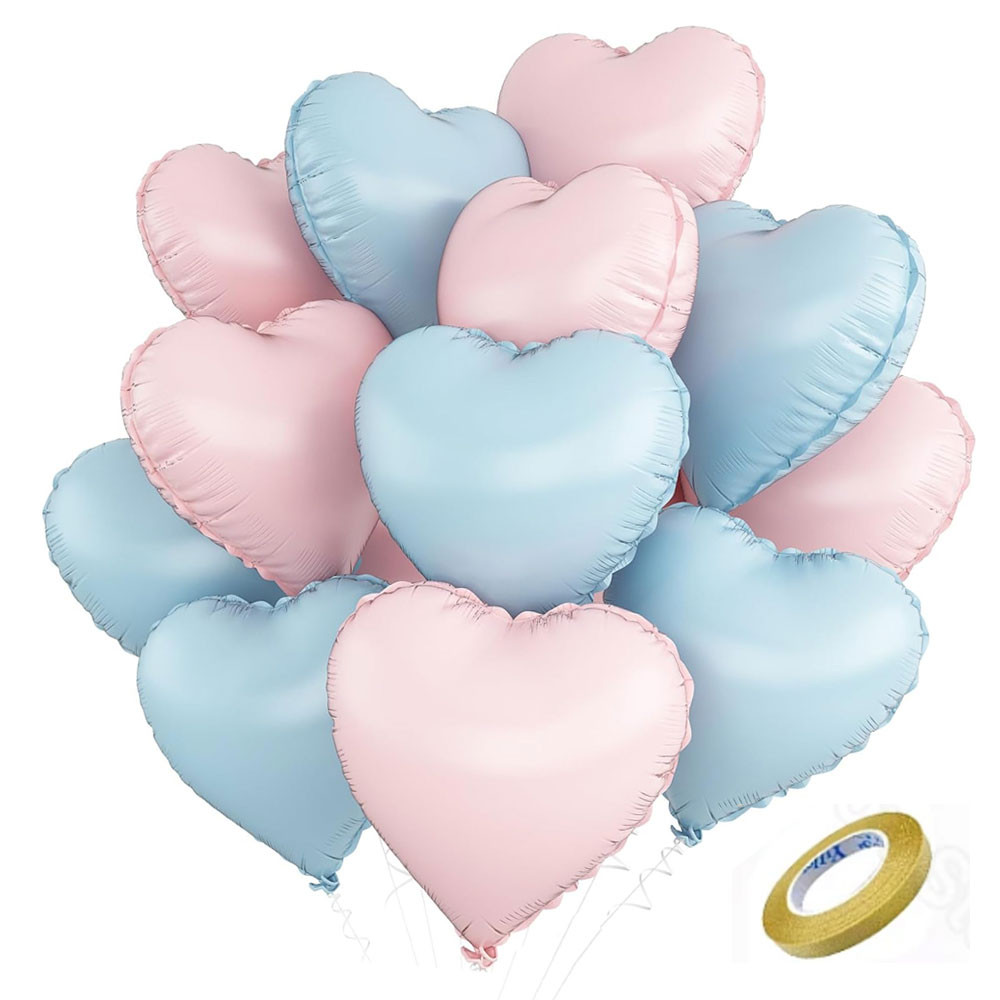 12Pcs Blue Pink Heart Balloons Pastel Baby Pink Blue Beige Foil Helium Balloon for Baby Shower Gende