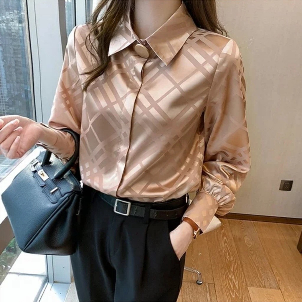 2620 Atasan Top Blouse Kemeja Wanita Balmian Gold Button Satin TE