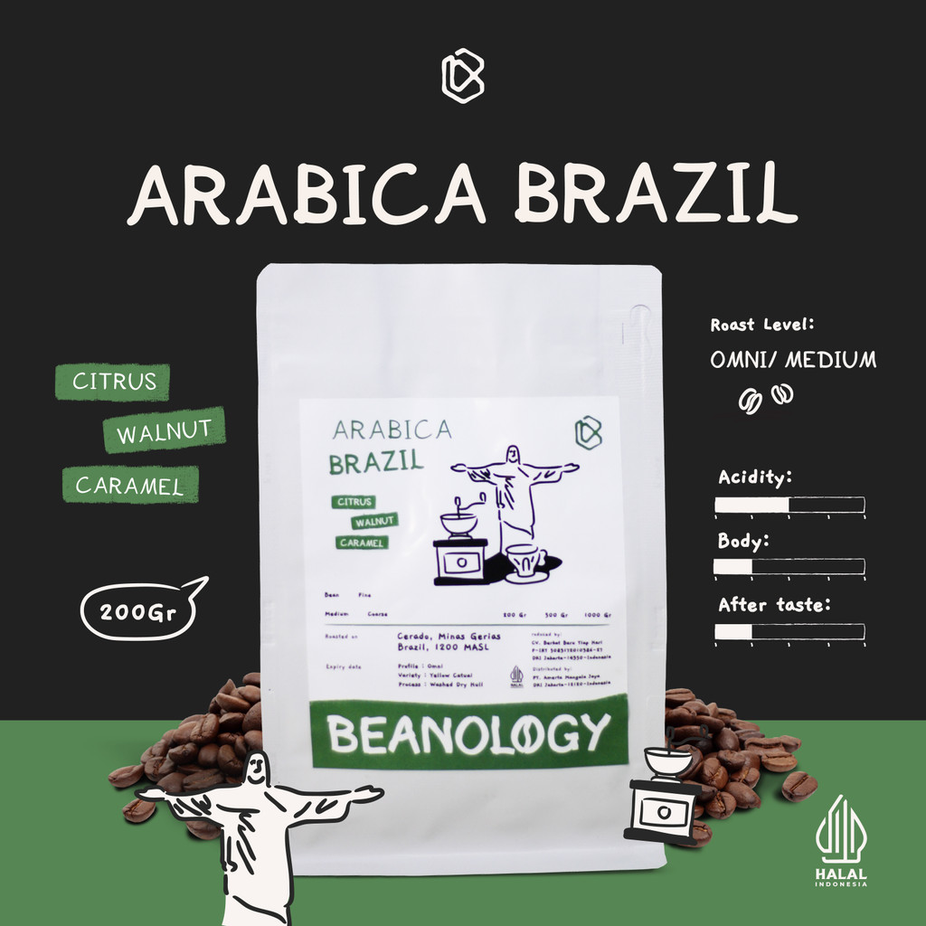 

Biji kopi bubuk Arabika Brazil Cerrado 200G Single Origin Grade 1 Coffee Roasted Bean -Beanology Coffee