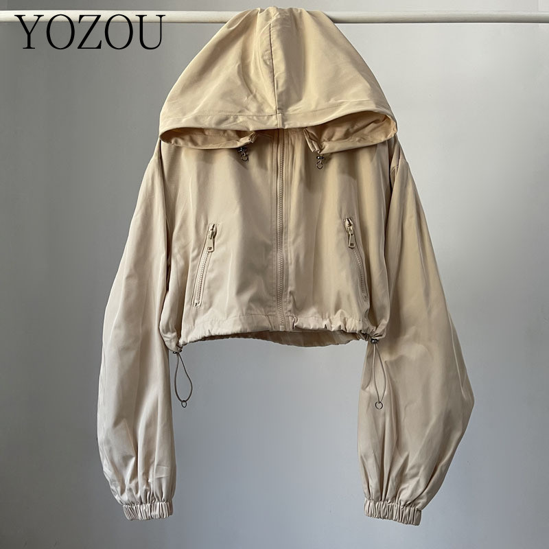 [YOZOU] Autumn Gorpcore Cargo Stylish Black Hooded Cropped Top Windbreaker Women Zipper Bomber Jacke
