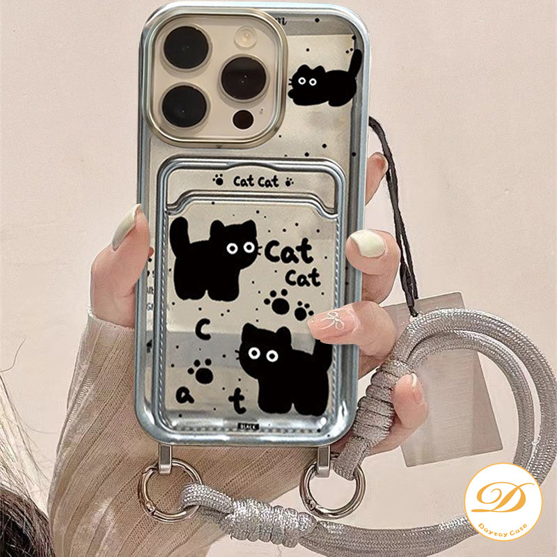Casing Tempat Kartu Kredit Kucing Kartun Lucu dengan Tali Penyandang Kompatibel untuk iPhone 7 8 6 6