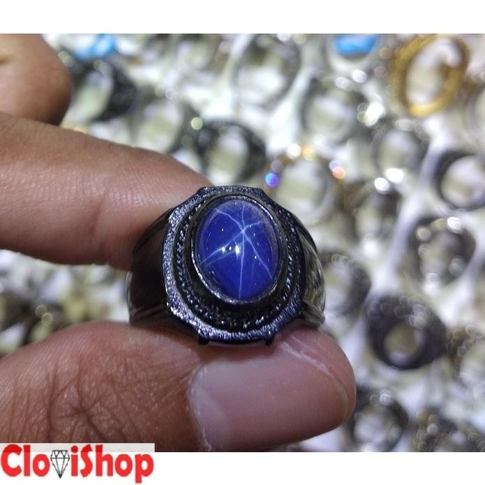 Cincin Titanium Tanam Hitam Batu Permata American Star Biru HQ
