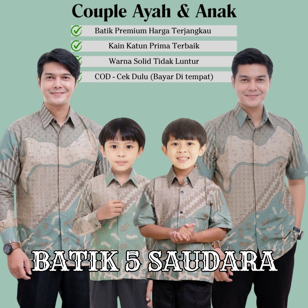 [SALE][HOT] Couple Batik 5 Saudara Batik Ayah Anak Laki laki Motif INARA SAGE Warna Hijau Sage Mint 