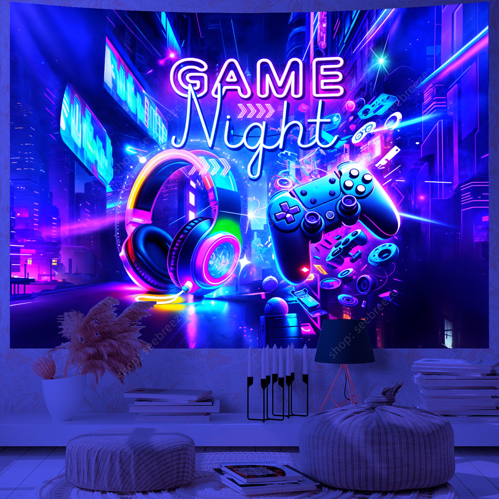 

Game Over Game Zone UV Reactive Tapestry E-Sports Room Game Controller Tapestry Wall Hanging Neon Backdrop Dorm Bedroom Decor