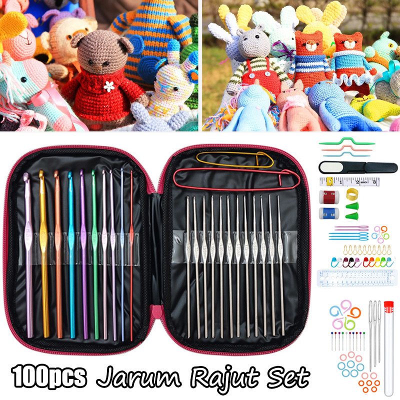 100pcs Perlengkapan Rajut Set Jarum Rajut Set Alat Rajut Set Hakpen Set