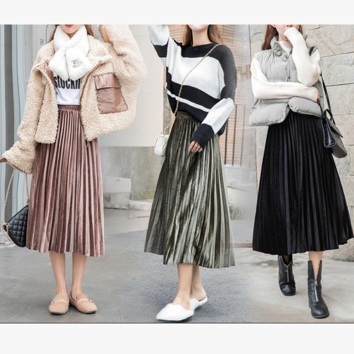 MURAH✨ - Pleated skirt Rok plisket velvet bludru 7/8 import Premium FURING adem - Dark olive, M-XL