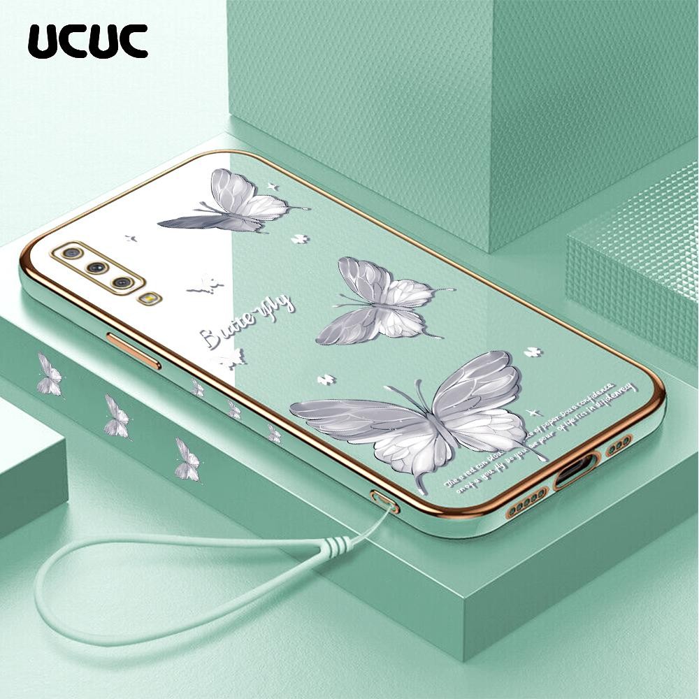 UCUC Compitable With Samsung A7 2018 A750 (Lanyard Gratis) Cartoon Square Edge Pattern Design Luxury