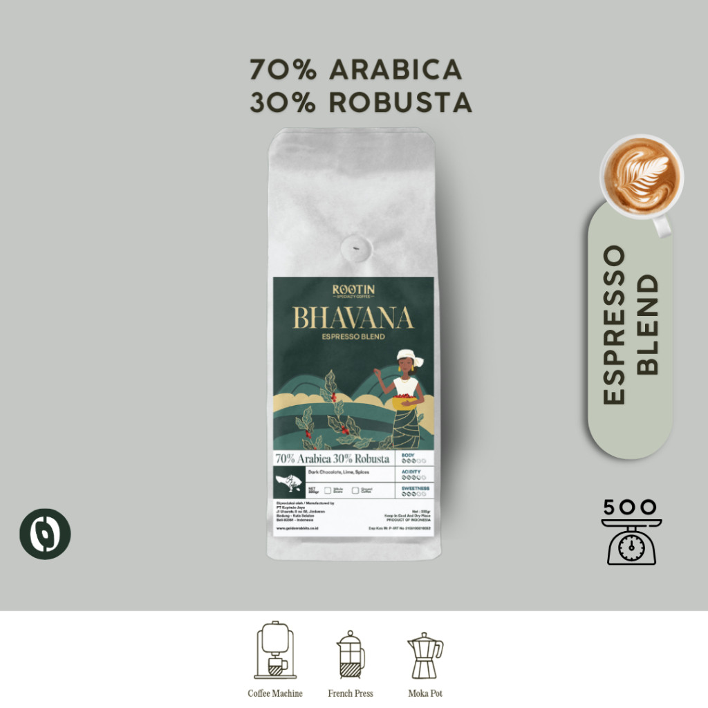 

New Rootin Coffee Bhavana Espresso Blend 70% Arabika 30% Robusta Beans Biji dan Bubuk Kopi / 500grPremium