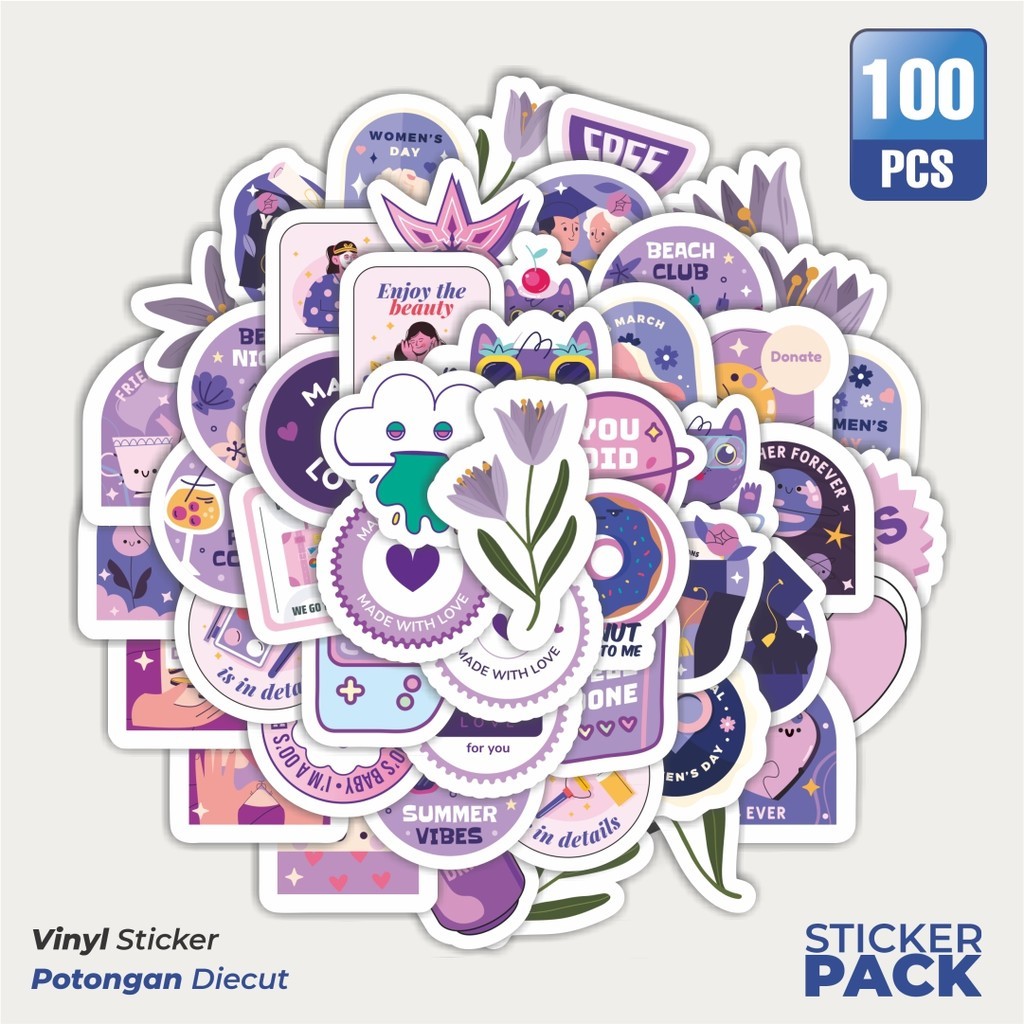 

100 PCS STIKER Kartun Ungu Sticker Waterproof Aesthetic- Untuk Laptop, Motor, dan Helm - Paper Stationery Pack