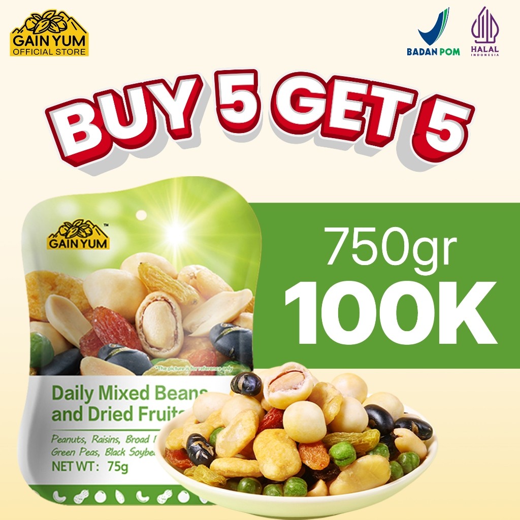 

Gain Yum - Kacang Campur dan Buah Kering Mixed Beans and Nuts Daily Mixed Beans and Dried Fruits 75G