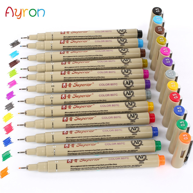 

12 Colour Sketch Micron pen 0.5 mm Superior needle drawing pen Fine liner Pigma Drawing Manga Anime Marker fine colour New