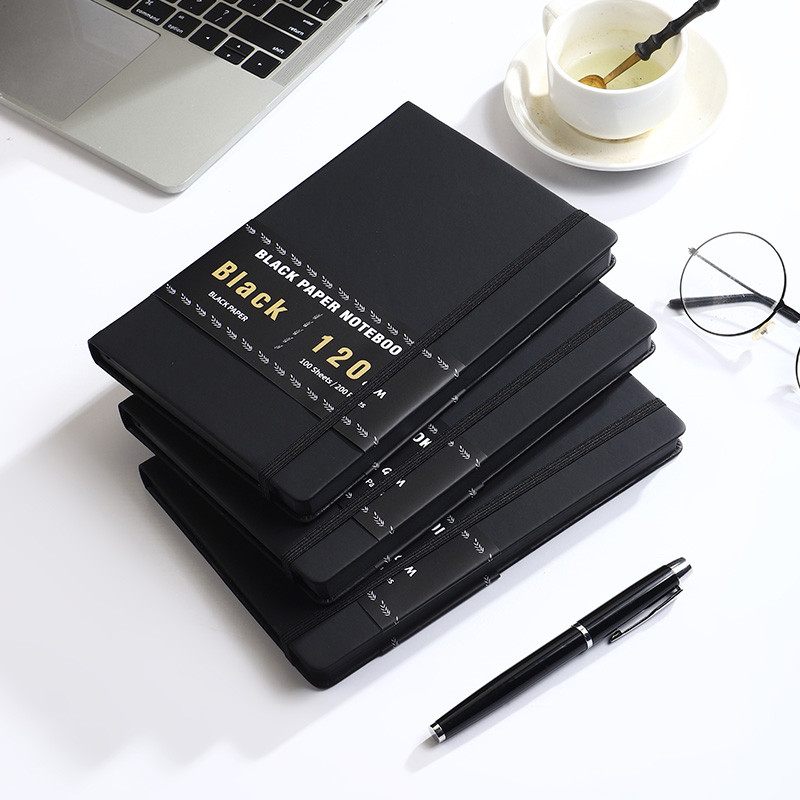 

Black card notebook with black binding, simple daily planner - 8.38 inches/5.6 inches - with bookmark, index - minimalist