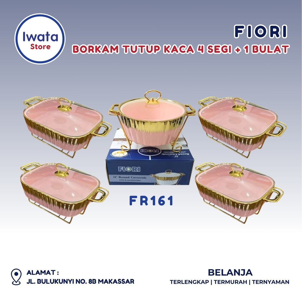 Borkam Fiori Tutup Kaca 4 Segi + 1 Bulat Pink Gold / Prasmanan Makanan Pesta Keramik Cantik Set 5 FR