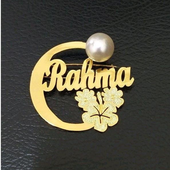 Bros Nama Lapis Emas 24 Karat mutiara/ Bros Dada Cantik Custom Nama Kamu Bros nama emas silver gold 