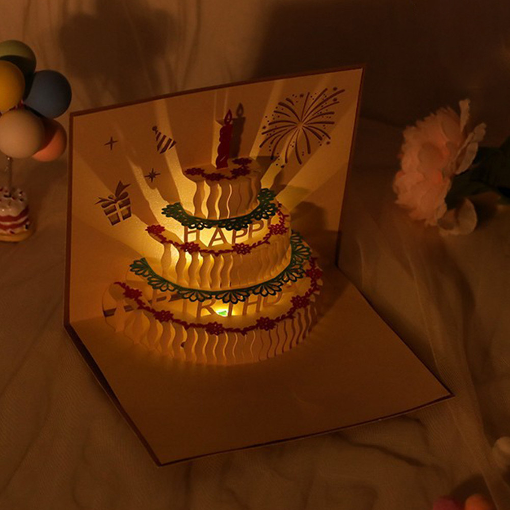 

LED 3D Birthday Cake Card with Envelope Music Light Greeting Card Paper Sculpture Cake Card for Girl Kid Wife Postcards