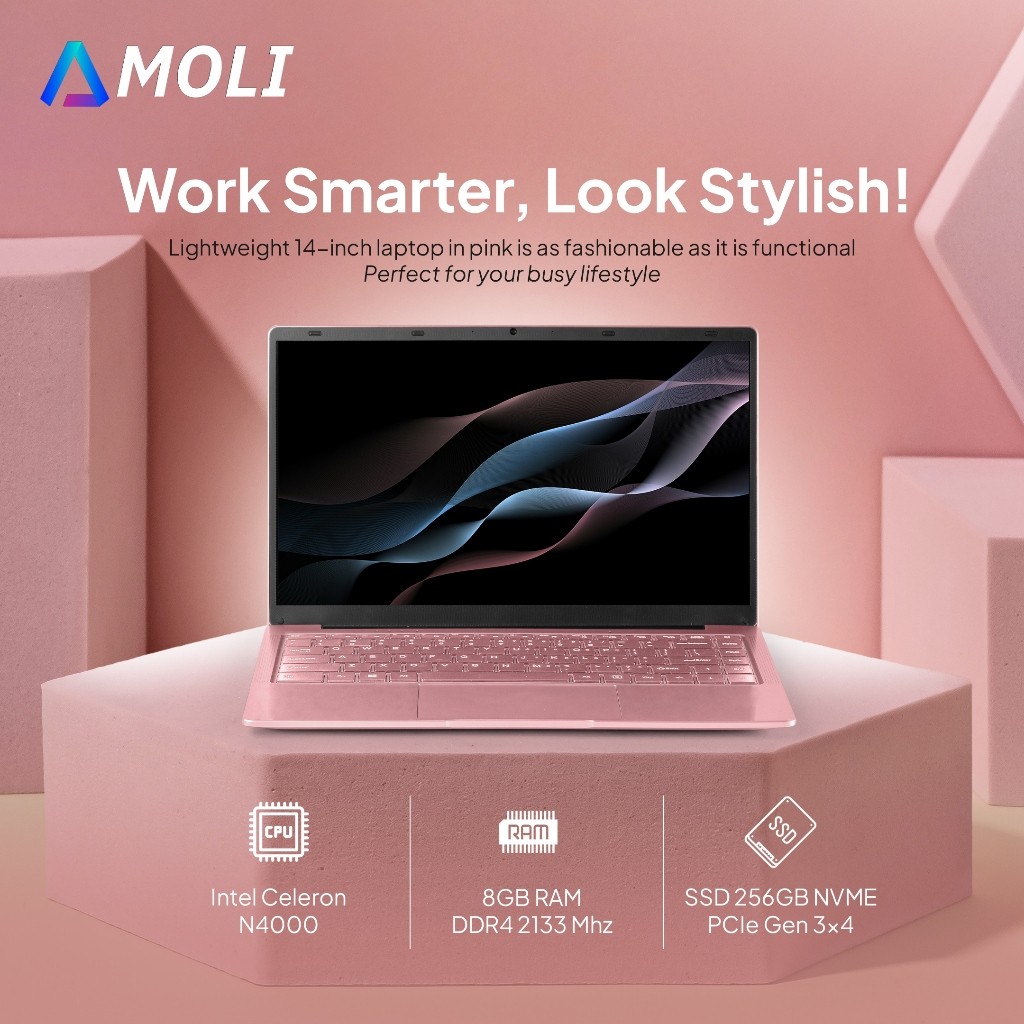 AMOLI Laptop Pink / Hitam/ Silver RAM 8GB + SSD 256GB 14 inch Intel N4000 Instalasi Windows 11 + Off