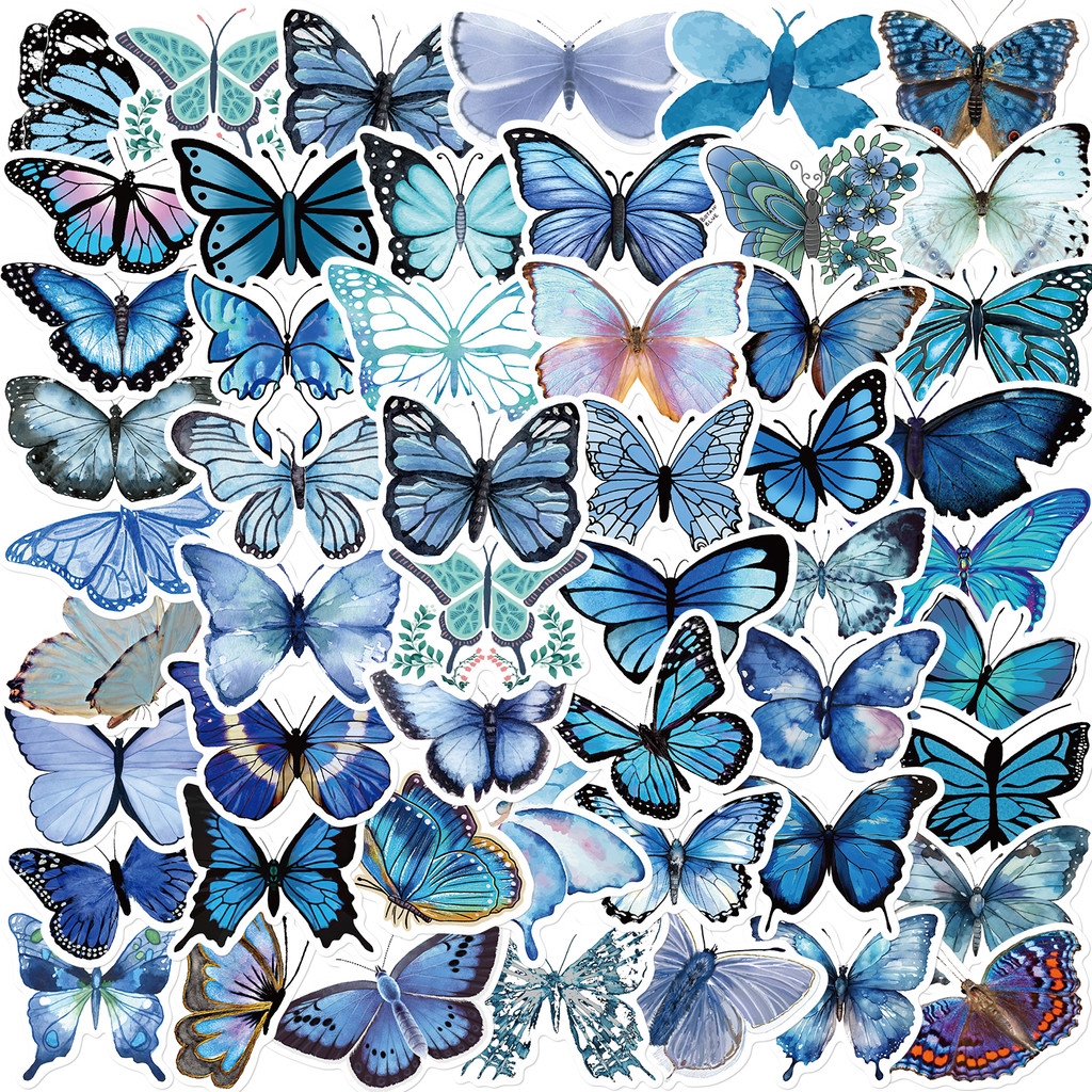 

50PCS Retro Blue Butterfly Cartoon Aesthetic Stickers Waterproof Graffiti For Laptop Luggage Guitar Skateboard Vinyl Decals