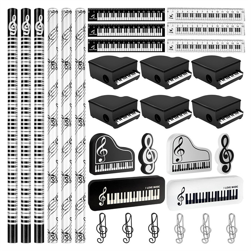 

T43C-30Pcs Music Party Favors Stationery Set Including Musical Notes Pencils Erasers Paper Clips Rulers And Pencil Sharpeners