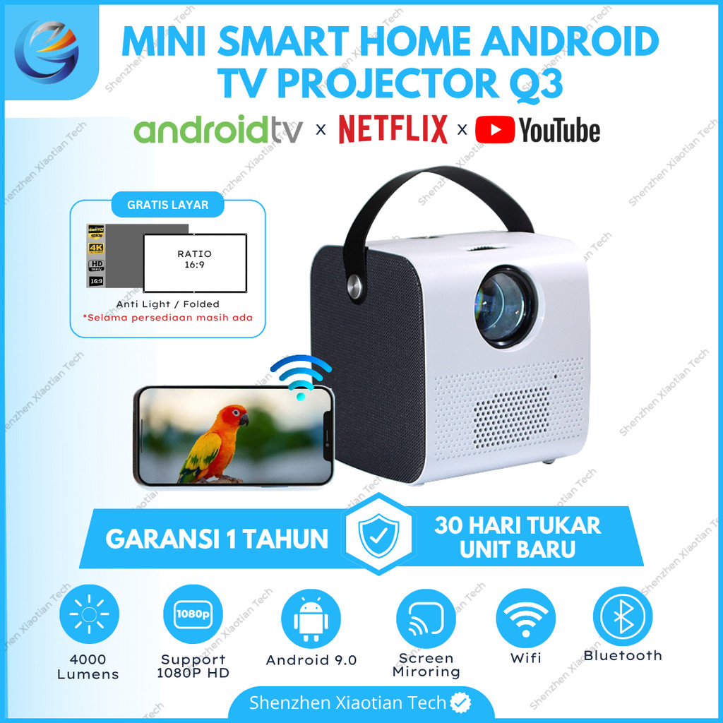 Smart Proyektor Mini Android Q3 | Proyektor Screen Mirroring | Proyektor 4000 Lumens 1080P Support |