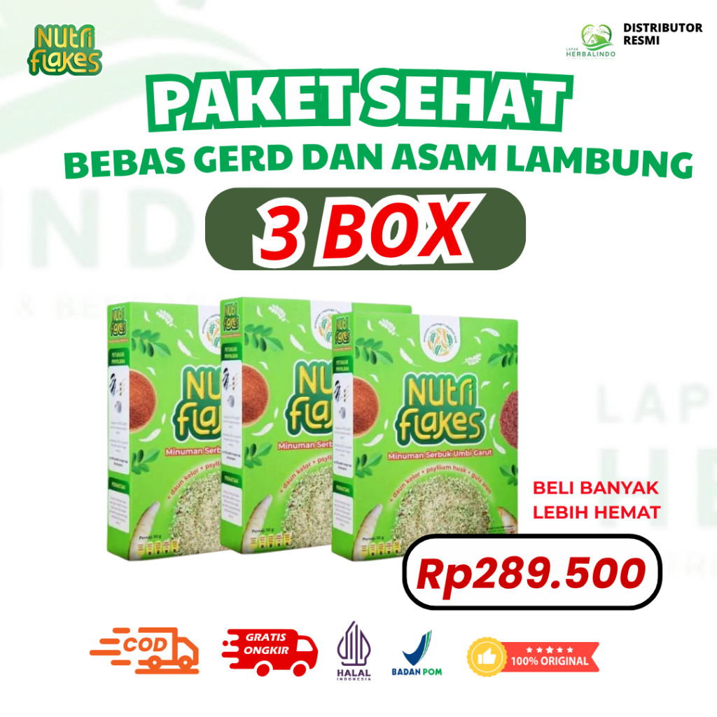 

Paket 3 Box Nutriflakes - Sereal Umbi Garut Ampuh Atasi Asam Lambung, Maag dan Gerd