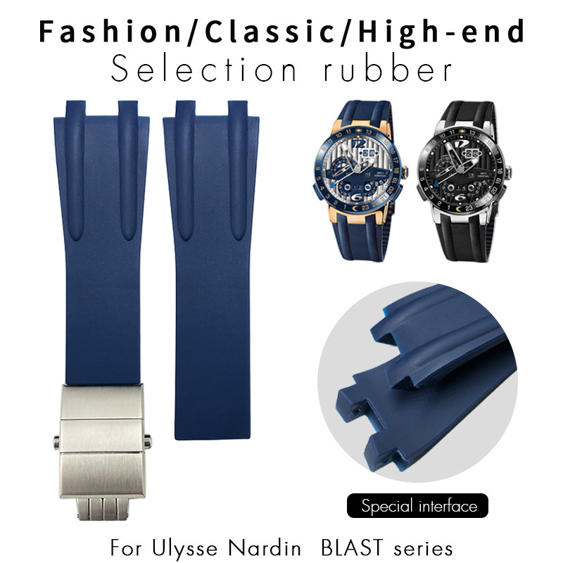 Silicone Rubber Watchband 26mm Fit for Ulysse Nardin Blue Black Sport Waterproof Watch Strap Folding