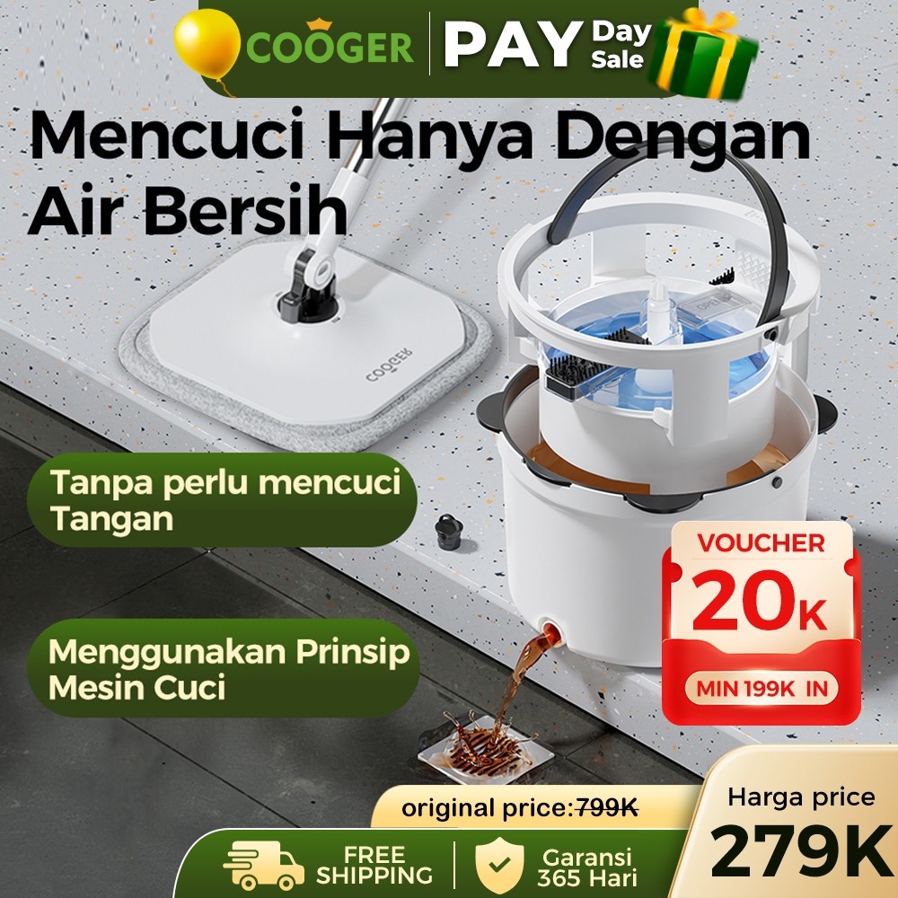 COOGER Alat Pel Lantai Panda 2in1 Single Spin Mop DAPAT 2 Kain Refill- Spin Mop Putar 360 Derajat, A