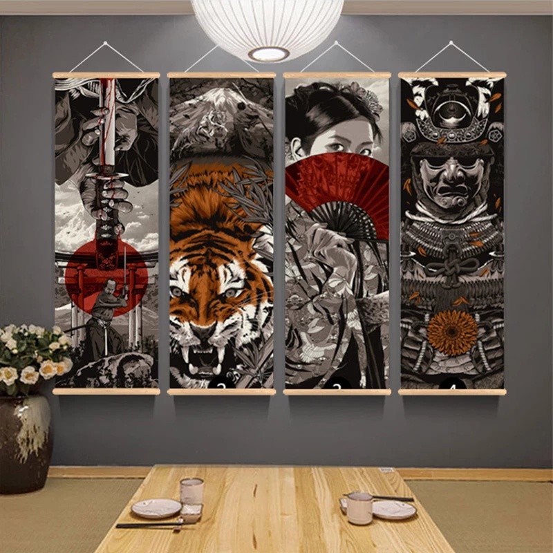 

Japanese Samurai Ukiyoe Tiger Canvas Poster Pictures for Living Room Home Decor Painting Wall Art with Solid Wood Hanging Scroll