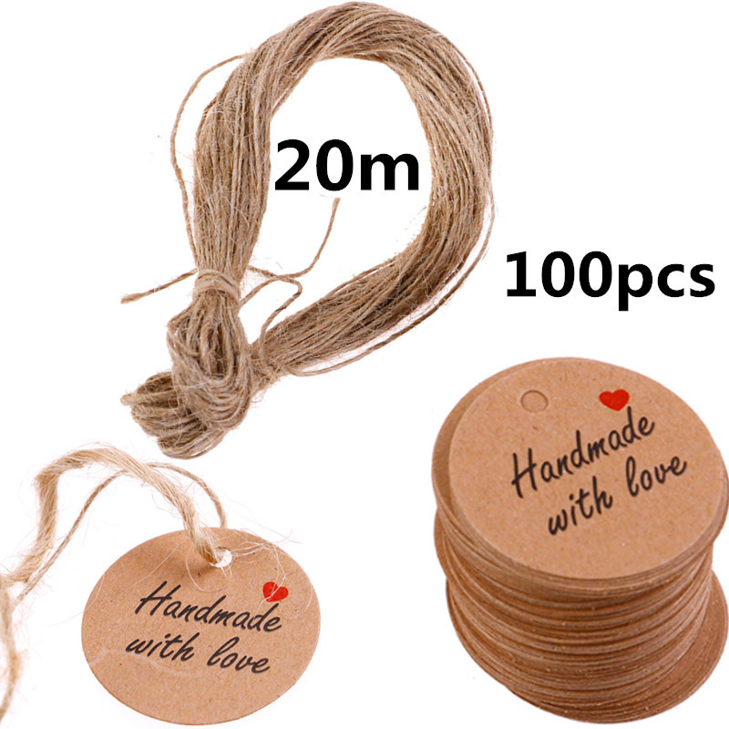 

100Pcs Handmade Love Labels Hang Tags Kraft Paper Food Packaging DIY With 20m String Tag Labels Party Favors Gifts