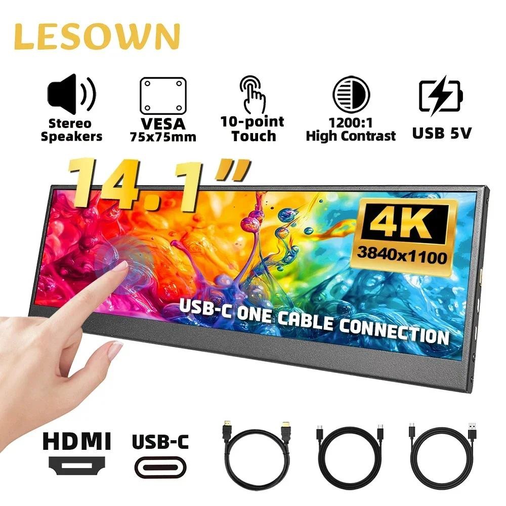 LESOWN Portable Widescreen Monitor 4K 14.1 inch Stretched Bar USB C HDMI Touch Screen Long Strip Aux
