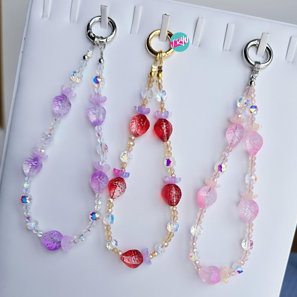 JRYU Gantungan HP Korea STRAWBERRY CRYTAL gantungan gelang kristal gantungan tas menyala dalam gelap
