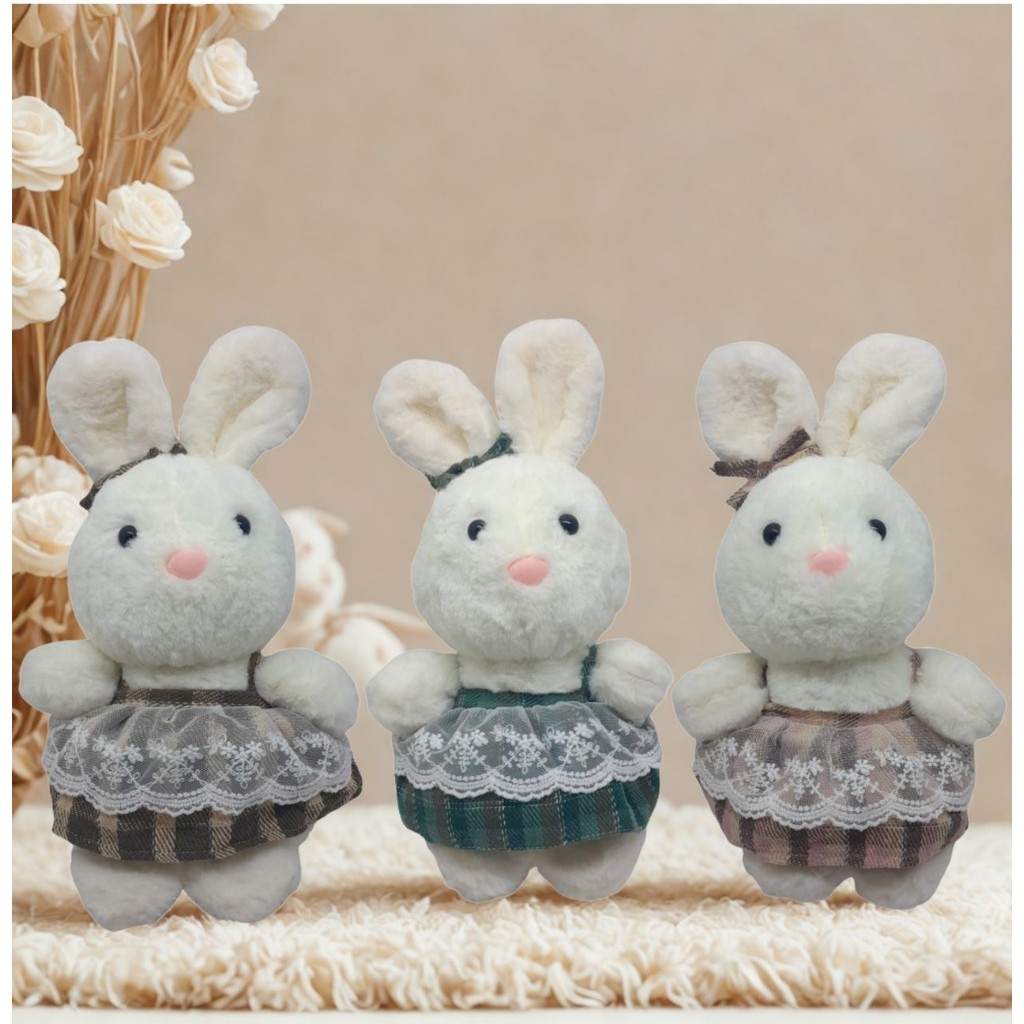 Boneka Kelinci Cantik 23cm Dress Kotak Pita Kepala Lucu Imut Hadiah Ultah Anak Cewek Pajangan Meja D