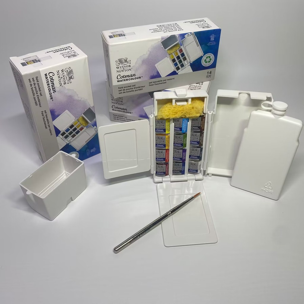

Winsor & Newton Cotman Watercolor Paint Field Pocket Portable Travel Set 12 Colors Half Pans Watercolor Painting Brush Sponge