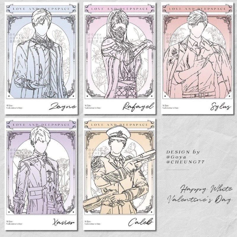 

5Pcs/Set Love and Deepspace Line Art Card Xavier Zayne Rafayel ralayo Sylus Caleb Cosplay Rounded Corners LOMO Postcard