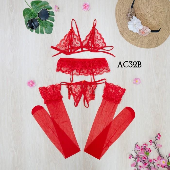 Underwear G String Bra Set + Stocking Sexy + Garter Belt Merah AC32B