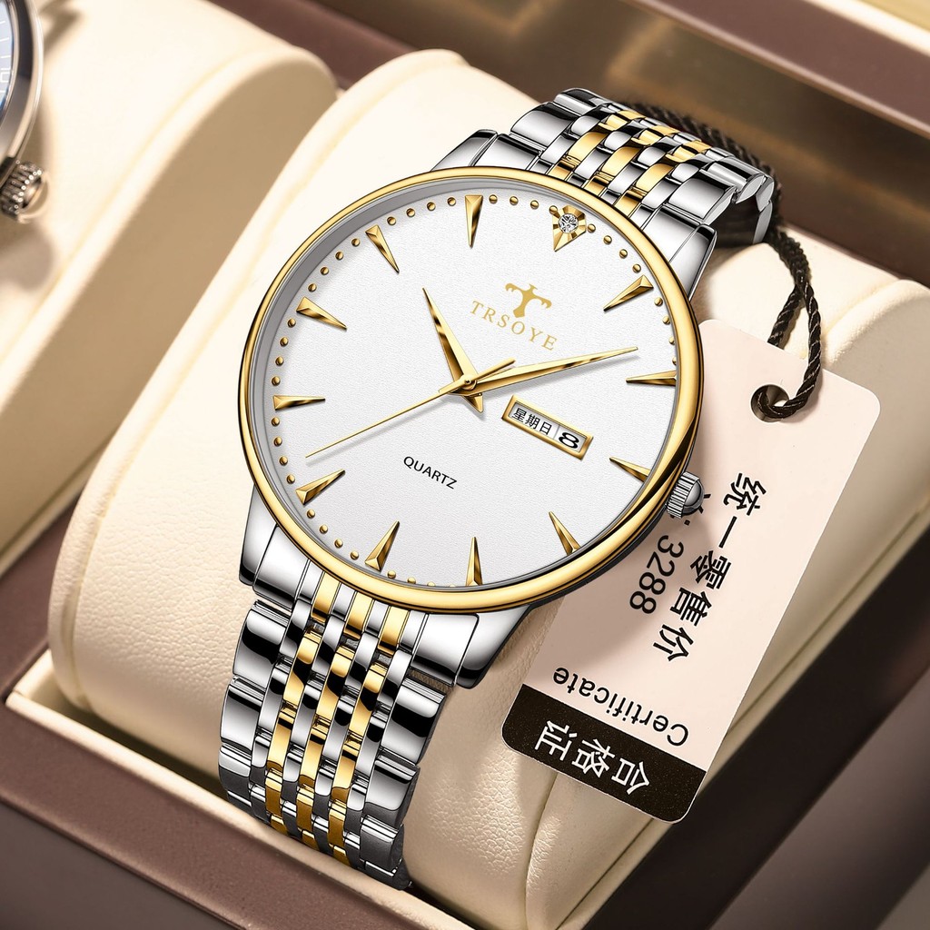 

Jam Tangan Pria Merek Swiss Bisnis Tahan Air Bercahaya Kalender Ganda Kuarsa Jam Tangan Pita Baja