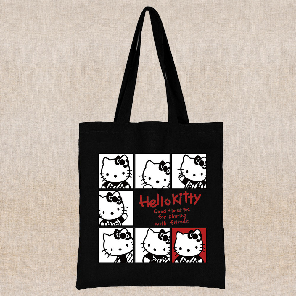 MINISO Disney Hello Kitty Canvas Bag Cute Hello Kitty pattern black shoulder bag student Girl Reusab