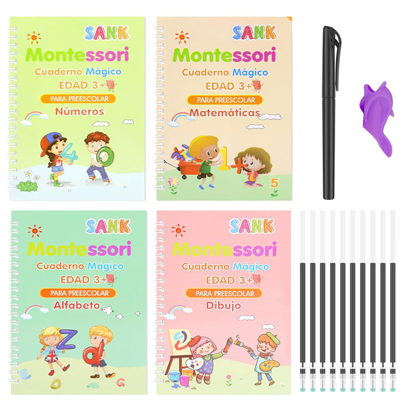 

4 Books Magic Writing Book in Spanish Calligraphy Notebook Montessori Kids Reusable Educational Calligraphic Letter Practice Toy