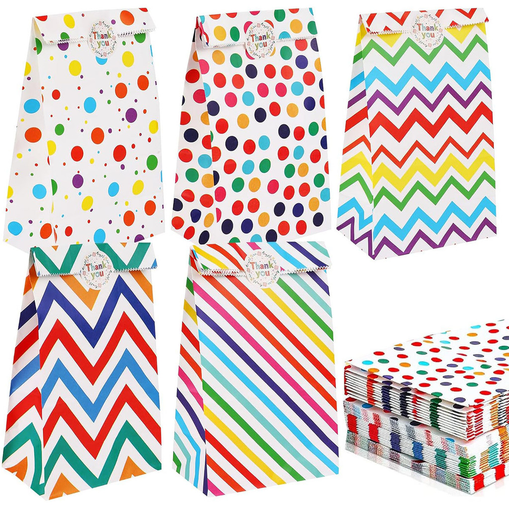 

20Pcs Candy Treat Gift Pouches Fresh Rainbow Party Favor Bags with Stickers Food Safe Kraft Paper Bags for Wedding Baby Shower